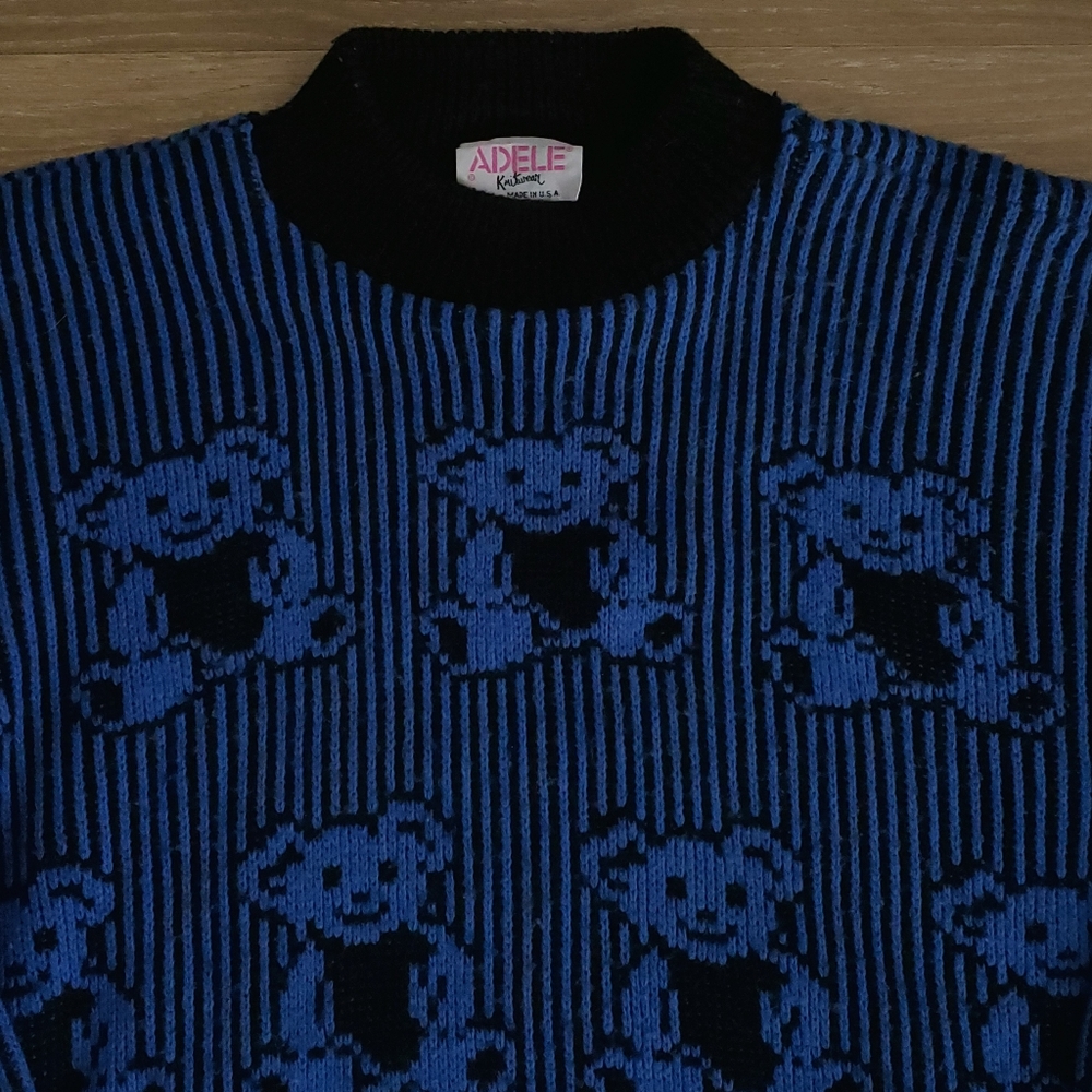 Vintage Adele Sweater Womens Large Blue Teddy Bear All Over Pullover 80s 90s USA - Picture 2 of 6